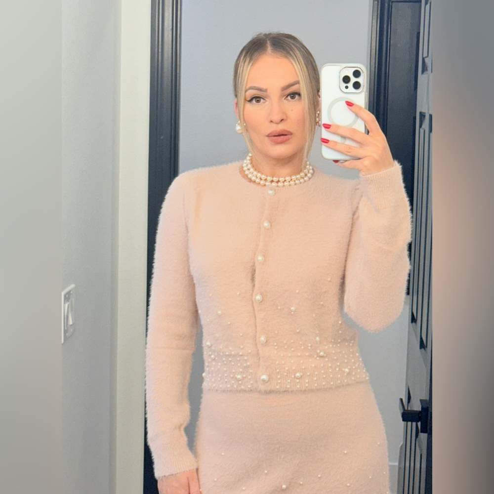 242 ‘Emily’ Elegant & Fuzzy Pink Pearl-Embellished Cardigan and Skirt Set NWT - Picture 8 of 9